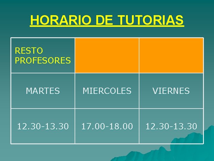 HORARIO DE TUTORIAS RESTO PROFESORES MARTES MIERCOLES VIERNES 12. 30 -13. 30 17. 00