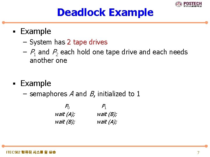 Deadlock Example § Example – System has 2 tape drives – P 1 and