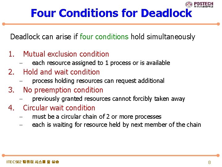 Four Conditions for Deadlock can arise if four conditions hold simultaneously 1. Mutual exclusion