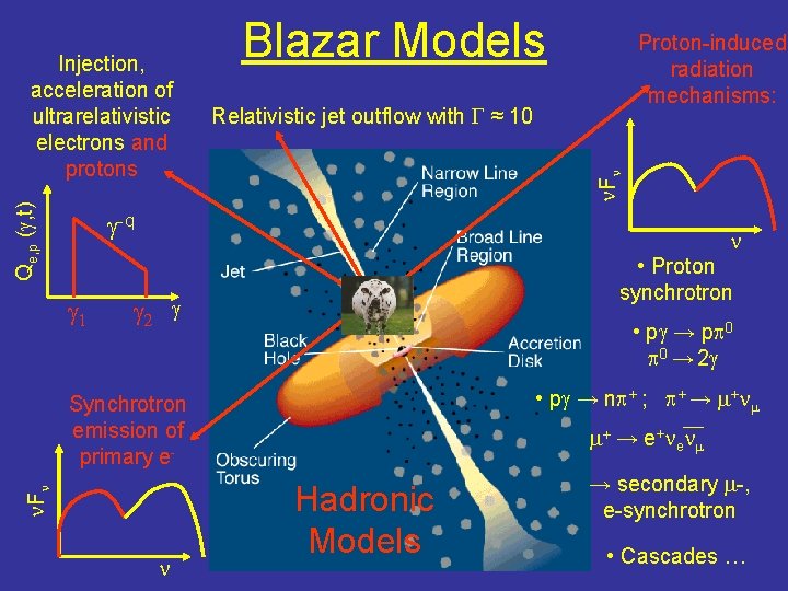 Proton-induced radiation mechanisms: Relativistic jet outflow with G ≈ 10 n. Fn Qe, p