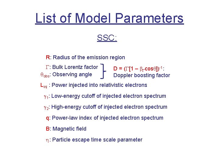 List of Model Parameters SSC: R: Radius of the emission region G: Bulk Lorentz