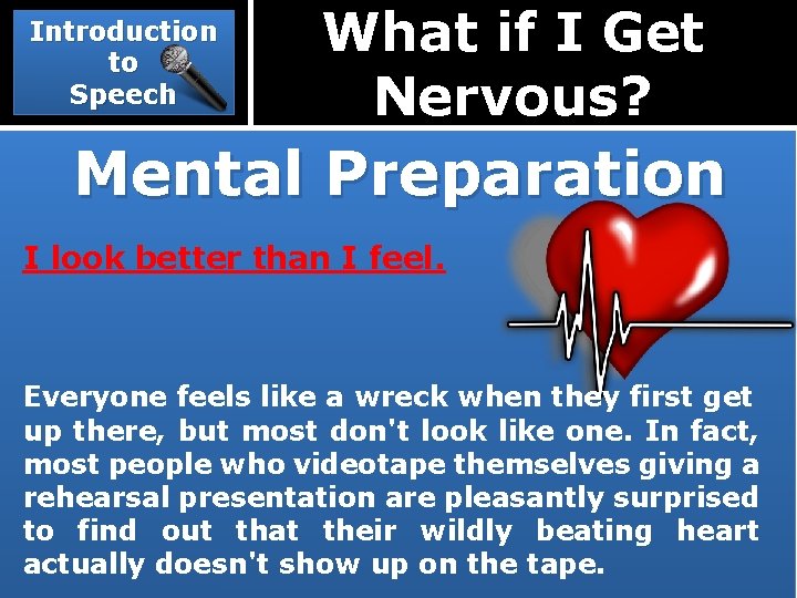 Introduction to Speech What if I Get Nervous? Mental Preparation I look better than