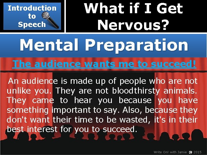 Introduction to Speech What if I Get Nervous? Mental Preparation The audience wants me