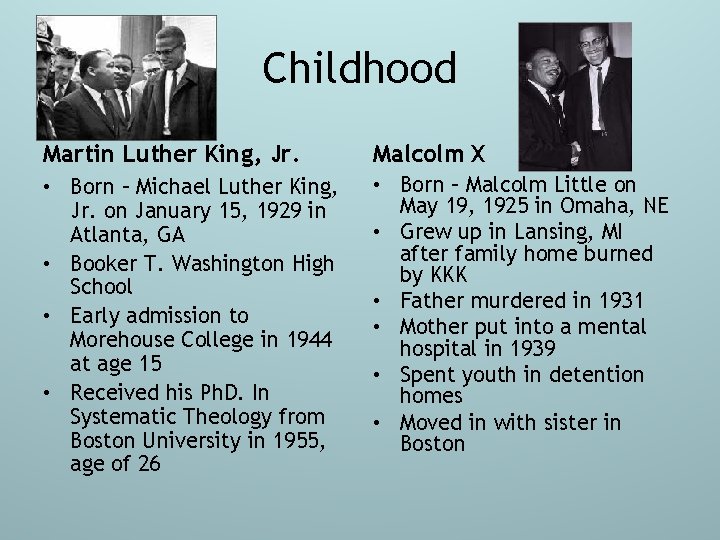 Childhood Martin Luther King, Jr. Malcolm X • Born – Michael Luther King, Jr.