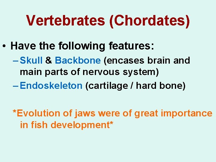 Vertebrates (Chordates) • Have the following features: – Skull & Backbone (encases brain and