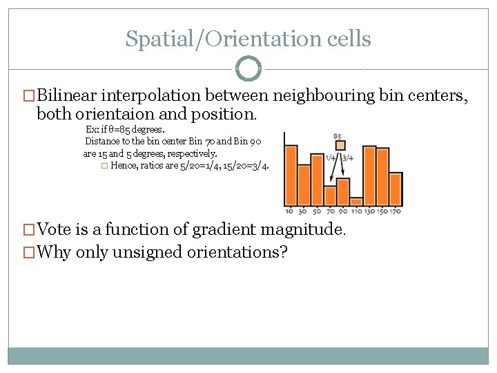 Spatial/Orientation cells �Bilinear interpolation between neighbouring bin centers, both orientaion and position. Ex: if