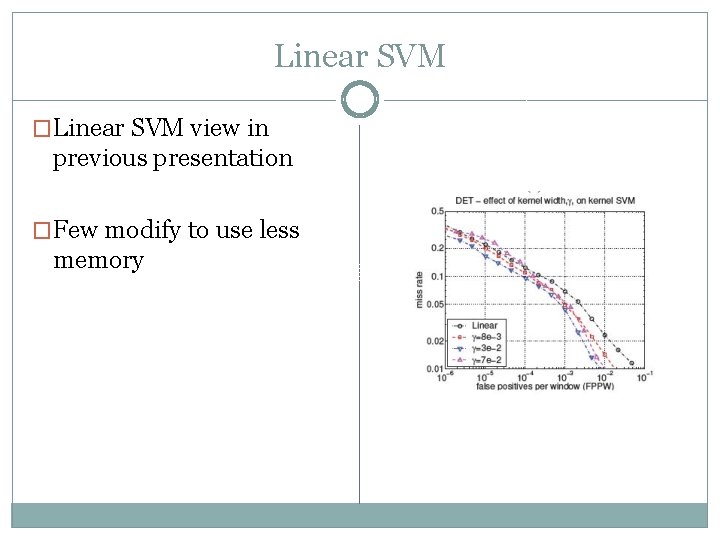 Linear SVM �Linear SVM view in previous presentation �Few modify to use less memory