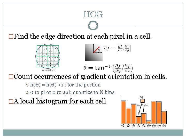 HOG �Find the edge direction at each pixel in a cell. �Count occurrences of