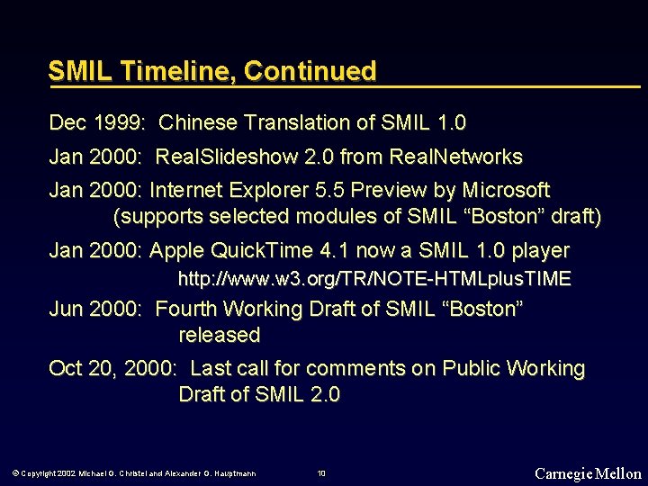 SMIL Timeline, Continued Dec 1999: Chinese Translation of SMIL 1. 0 Jan 2000: Real.