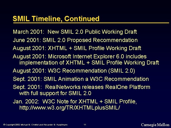 SMIL Timeline, Continued March 2001: New SMIL 2. 0 Public Working Draft June 2001: