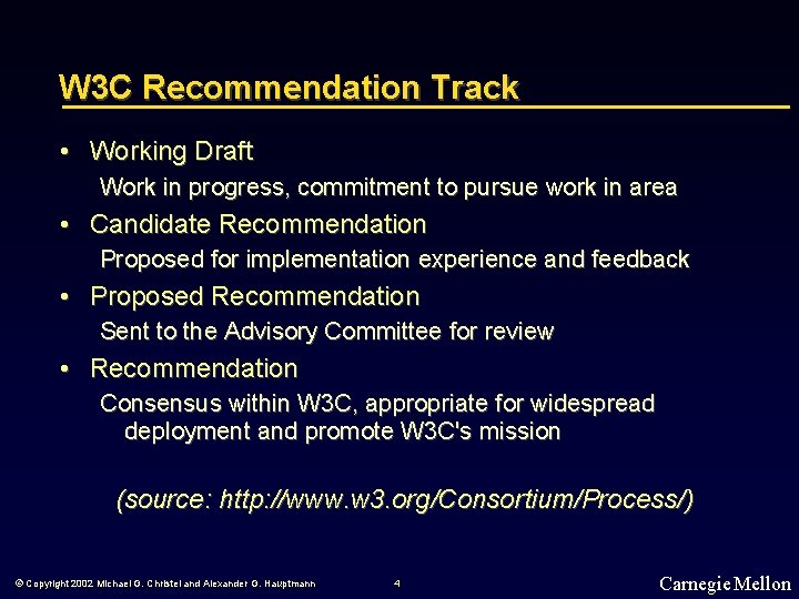 W 3 C Recommendation Track • Working Draft Work in progress, commitment to pursue