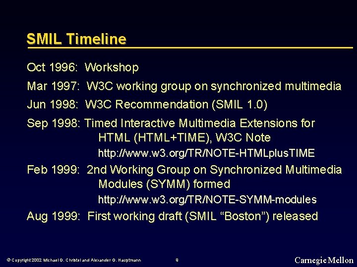 SMIL Timeline Oct 1996: Workshop Mar 1997: W 3 C working group on synchronized