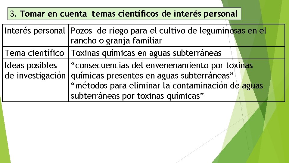 3. Tomar en cuenta temas científicos de interés personal Interés personal Pozos de riego