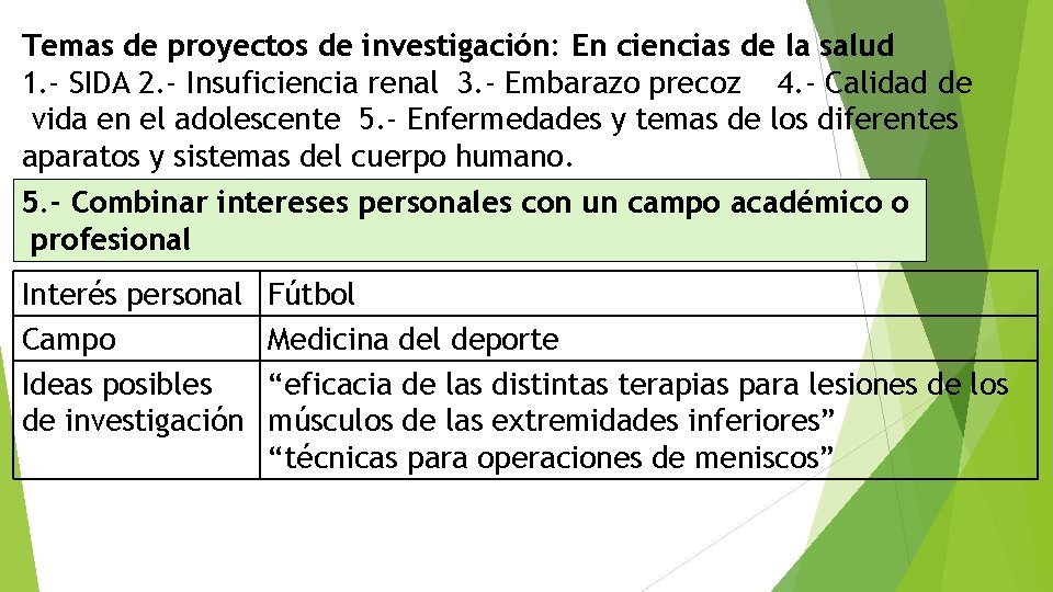 Temas de proyectos de investigación: En ciencias de la salud 1. - SIDA 2.