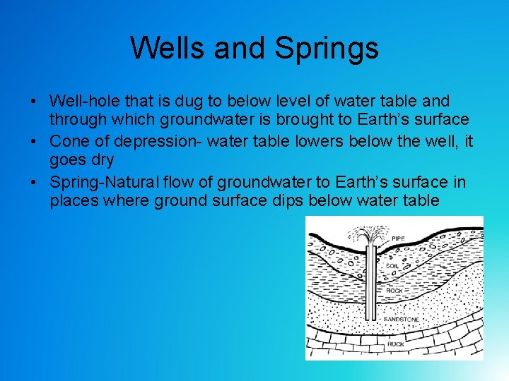 Wells and Springs • Well-hole that is dug to below level of water table Wells and Springs • Well-hole that is dug to below level of water table