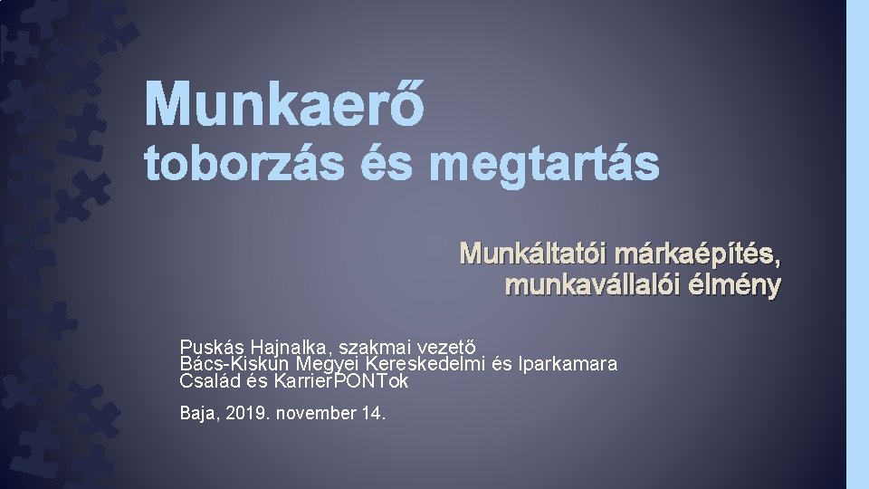 Munkaerő toborzás és megtartás Munkáltatói márkaépítés, munkavállalói élmény Puskás Hajnalka, szakmai vezető Bács-Kiskun Megyei