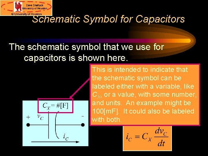 Schematic Symbol for Capacitors The schematic symbol that we use for capacitors is shown