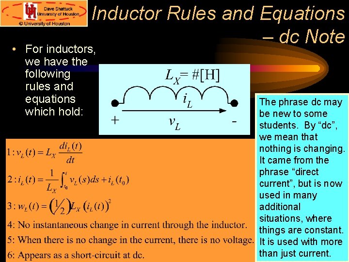  • Inductor Rules and Equations – dc Note For inductors, we have the