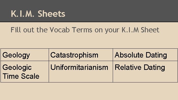 K. I. M. Sheets Fill out the Vocab Terms on your K. I. M