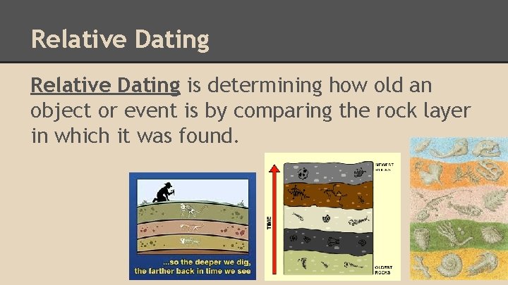 Relative Dating is determining how old an object or event is by comparing the