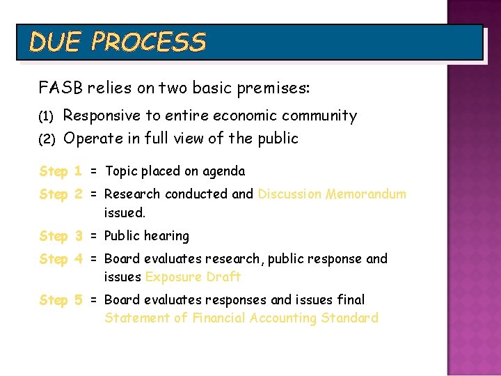 DUE PROCESS FASB relies on two basic premises: Responsive to entire economic community (2)