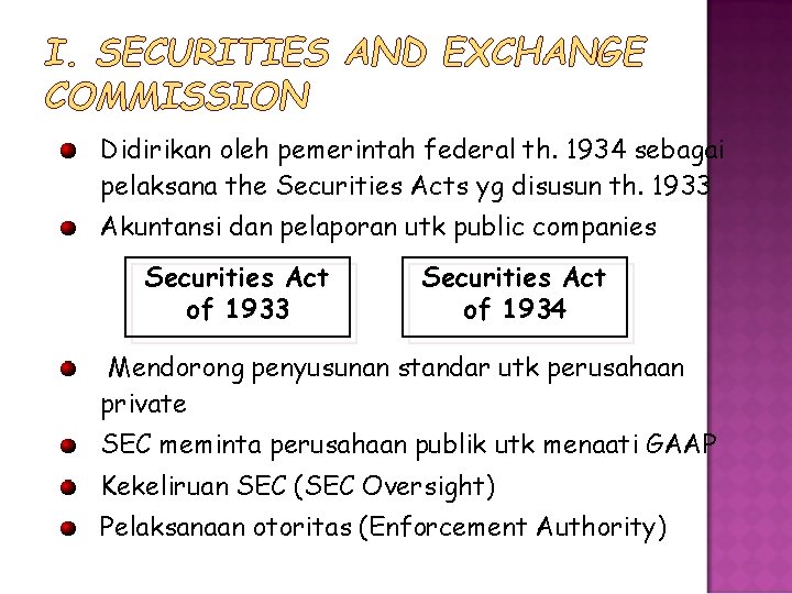 I. SECURITIES AND EXCHANGE COMMISSION Didirikan oleh pemerintah federal th. 1934 sebagai pelaksana the