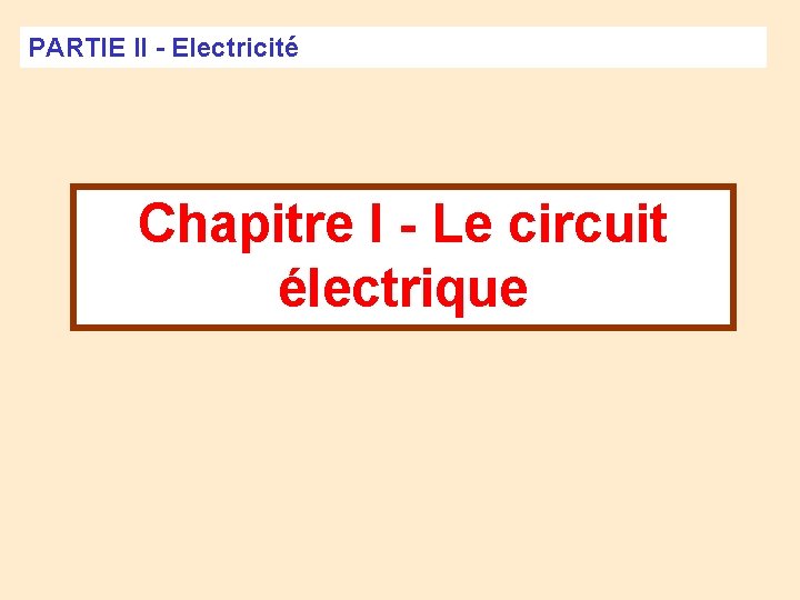 PARTIE II - Electricité Chapitre I - Le circuit électrique 