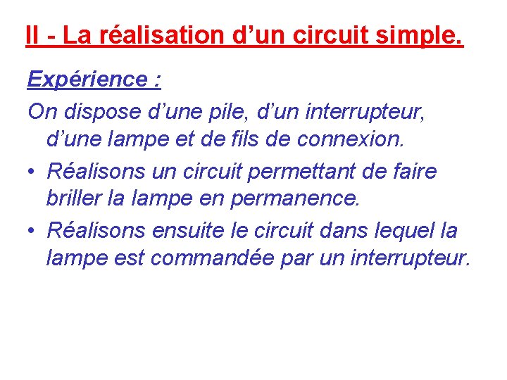 II - La réalisation d’un circuit simple. Expérience : On dispose d’une pile, d’un