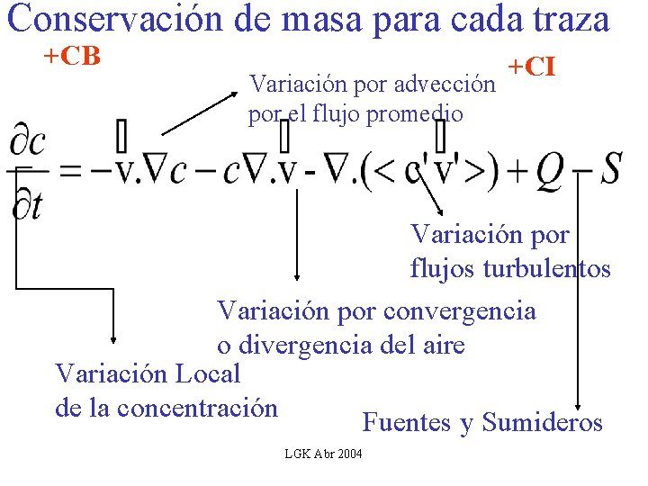 Conservación de masa para cada traza +CB Variación por advección por el flujo promedio