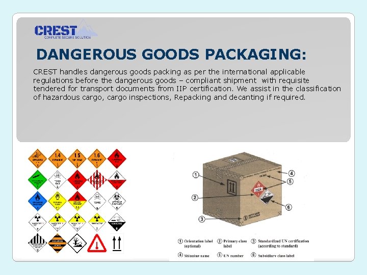 DANGEROUS GOODS PACKAGING: CREST handles dangerous goods packing as per the international applicable regulations
