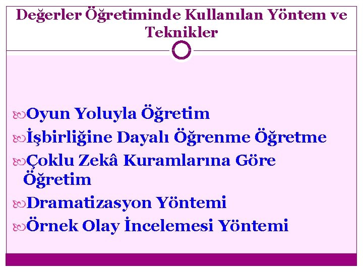 Değerler Öğretiminde Kullanılan Yöntem ve Teknikler Oyun Yoluyla Öğretim İşbirliğine Dayalı Öğrenme Öğretme Çoklu