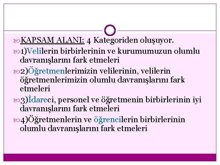  KAPSAM ALANI: 4 Kategoriden oluşuyor. 1)Velilerin birbirlerinin ve kurumumuzun olumlu davranışlarını fark etmeleri