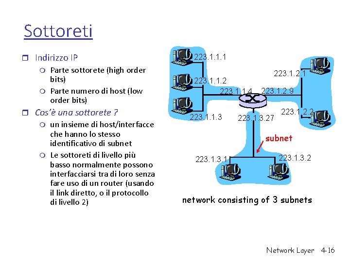 Sottoreti r Indirizzo IP m Parte sottorete (high order bits) m Parte numero di