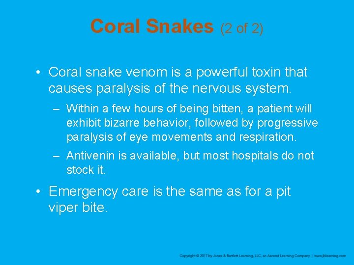 Coral Snakes (2 of 2) • Coral snake venom is a powerful toxin that