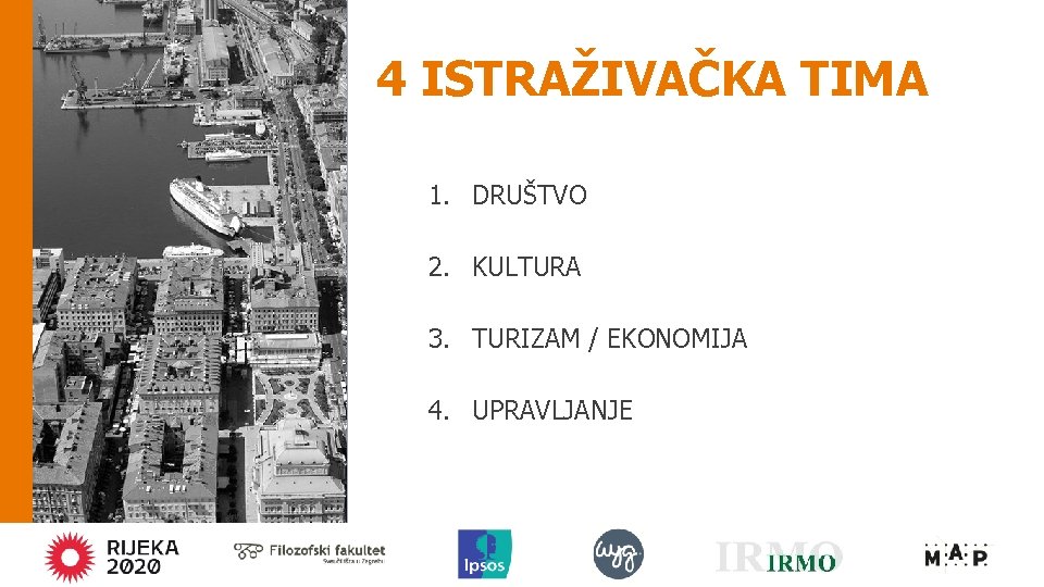 4 ISTRAŽIVAČKA TIMA 1. DRUŠTVO 2. KULTURA 3. TURIZAM / EKONOMIJA 4. UPRAVLJANJE 