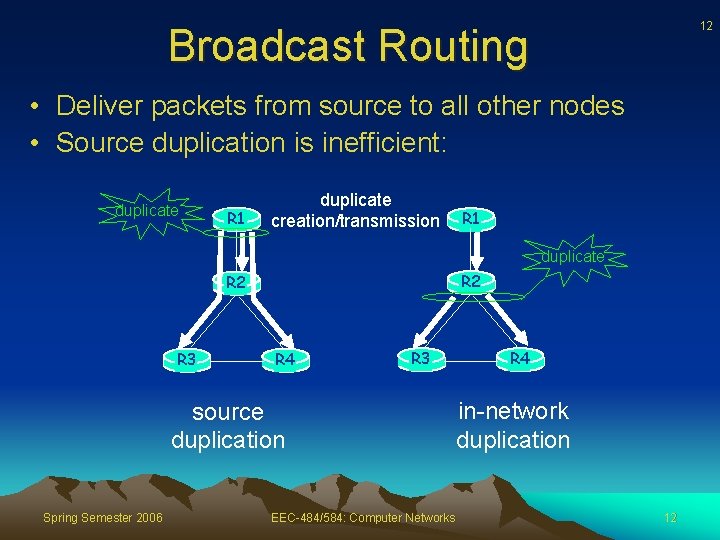 12 Broadcast Routing • Deliver packets from source to all other nodes • Source