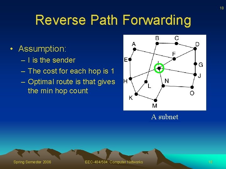 18 Reverse Path Forwarding • Assumption: – I is the sender – The cost
