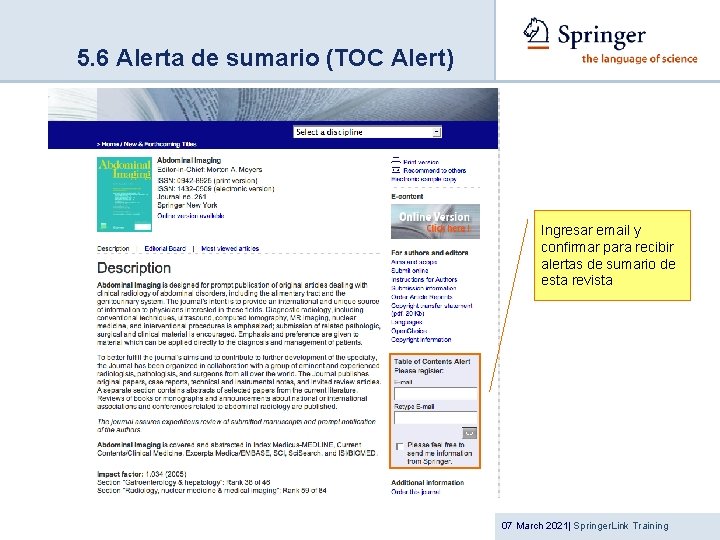 5. 6 Alerta de sumario (TOC Alert) Ingresar email y confirmar para recibir alertas