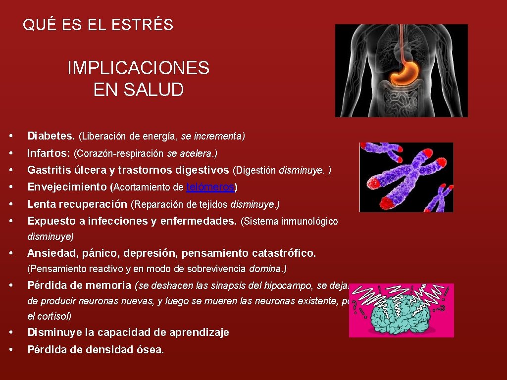 QUÉ ES EL ESTRÉS IMPLICACIONES EN SALUD • Diabetes. (Liberación de energía, se incrementa)