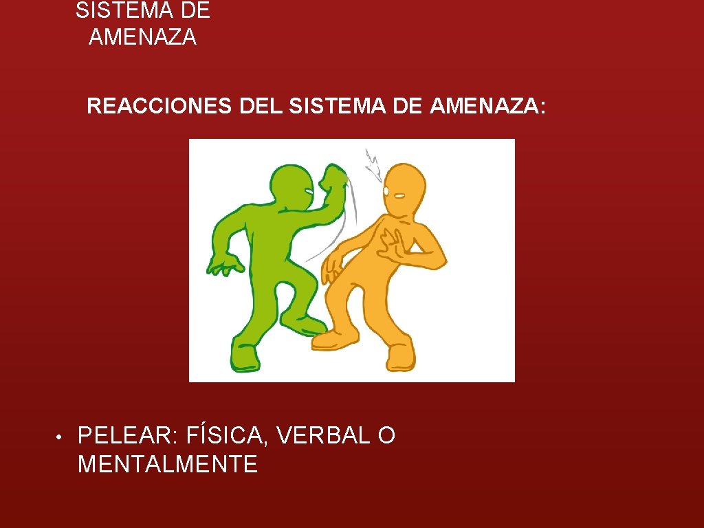 SISTEMA DE AMENAZA REACCIONES DEL SISTEMA DE AMENAZA: • PELEAR: FÍSICA, VERBAL O MENTALMENTE