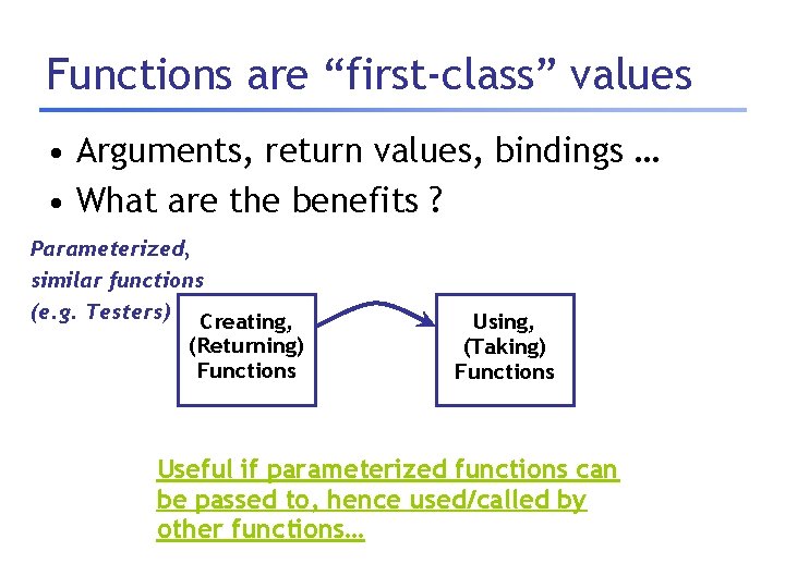 Functions are “first-class” values • Arguments, return values, bindings … • What are the