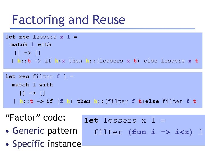 Factoring and Reuse let rec lessers x l = match l with [] ->