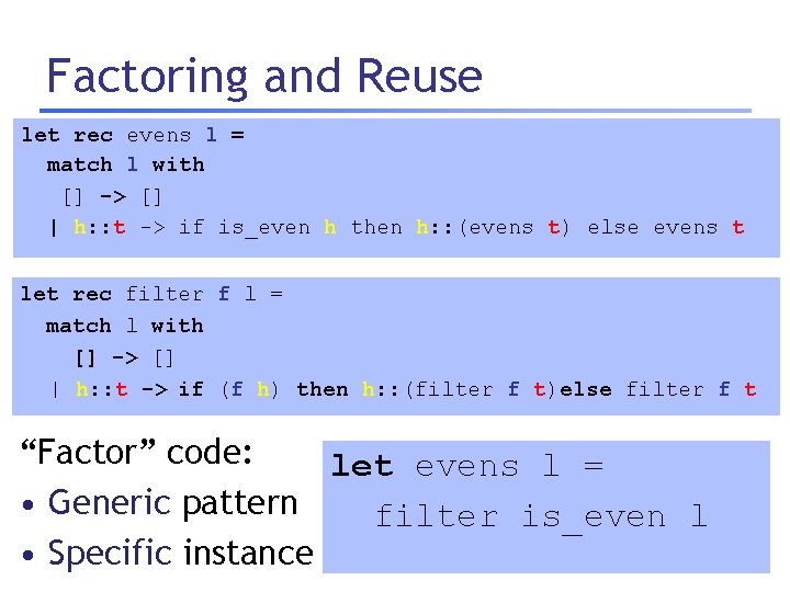 Factoring and Reuse let rec evens l = match l with [] -> []