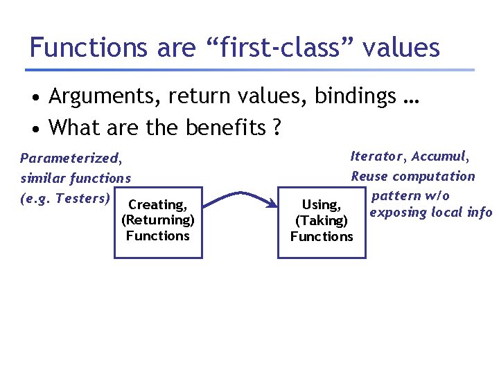 Functions are “first-class” values • Arguments, return values, bindings … • What are the