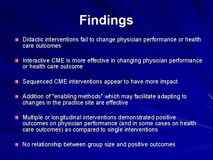 Findings Didactic interventions fail to change physician performance or health care outcomes Interactive CME