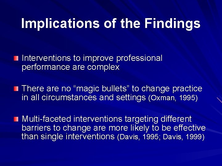 Implications of the Findings Interventions to improve professional performance are complex There are no