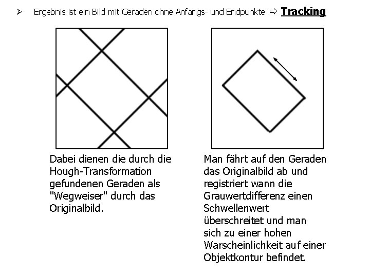 Ø Ergebnis ist ein Bild mit Geraden ohne Anfangs- und Endpunkte Tracking Dabei dienen