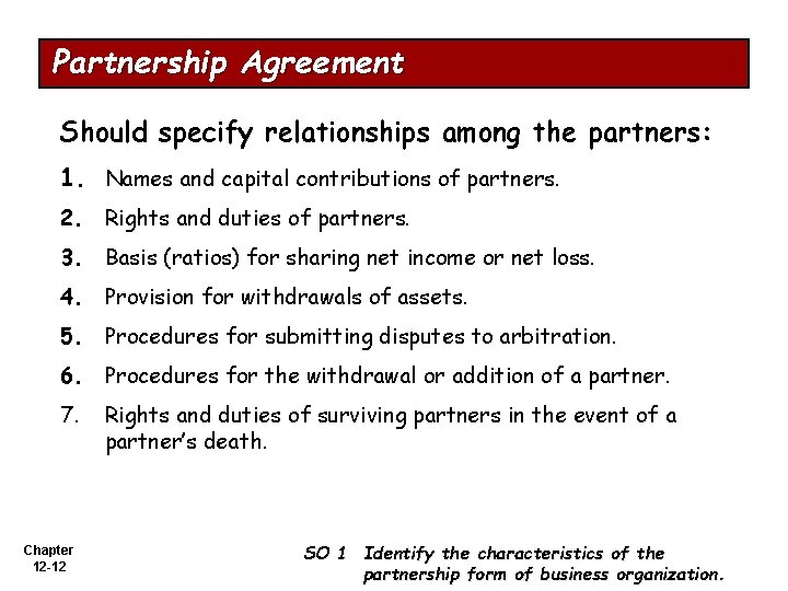 Partnership Agreement Should specify relationships among the partners: 1. Names and capital contributions of