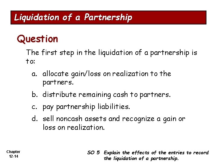 Liquidation of a Partnership Question The first step in the liquidation of a partnership
