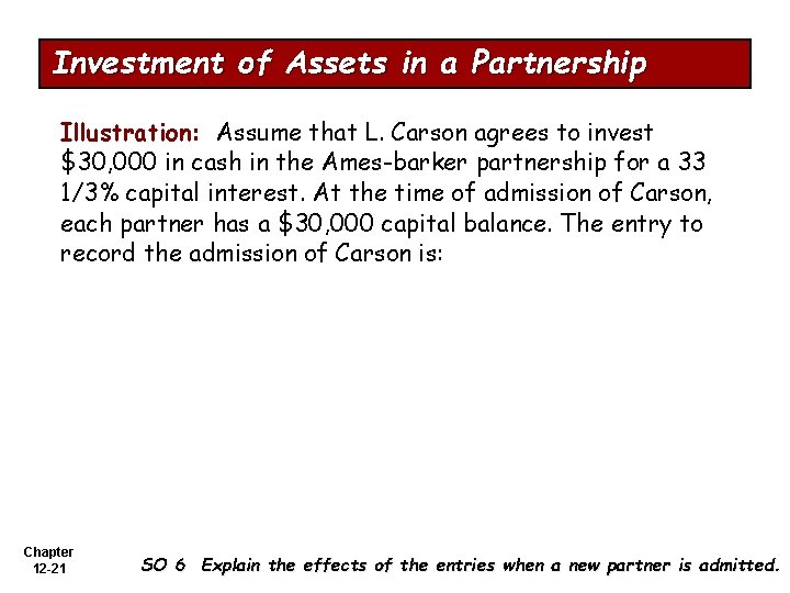 Investment of Assets in a Partnership Illustration: Assume that L. Carson agrees to invest